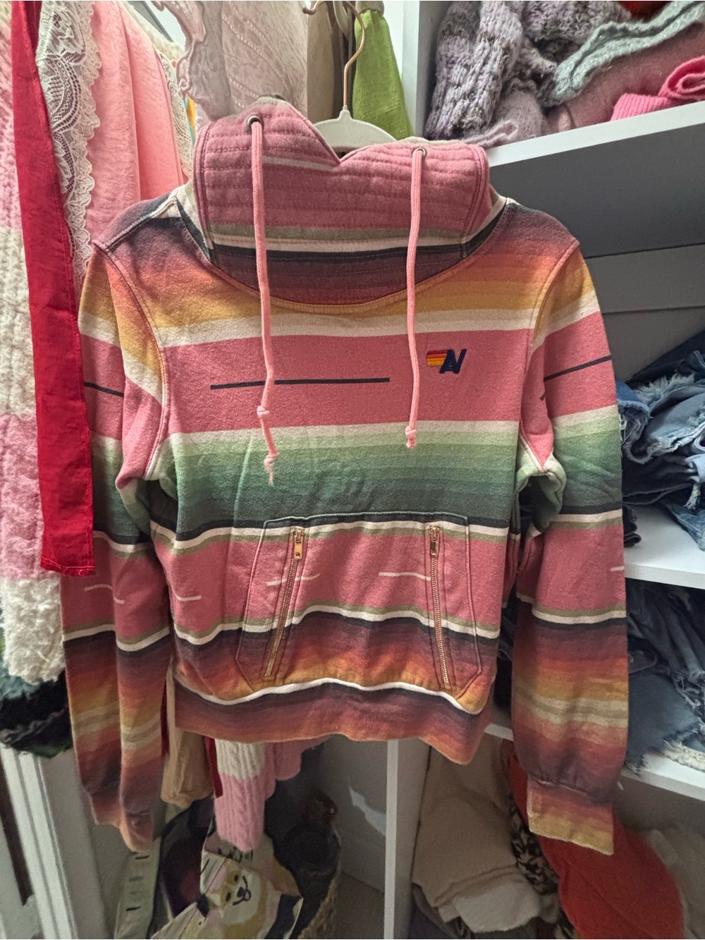 Aviator Nation Pink Multicolor Stripe Pullover Hoodie